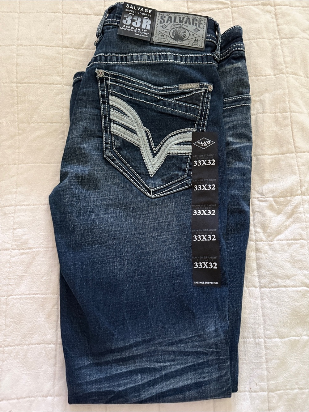 Salvage Women's Dark Blue Straight Leg Jeans with Contrast Pocket Stitching